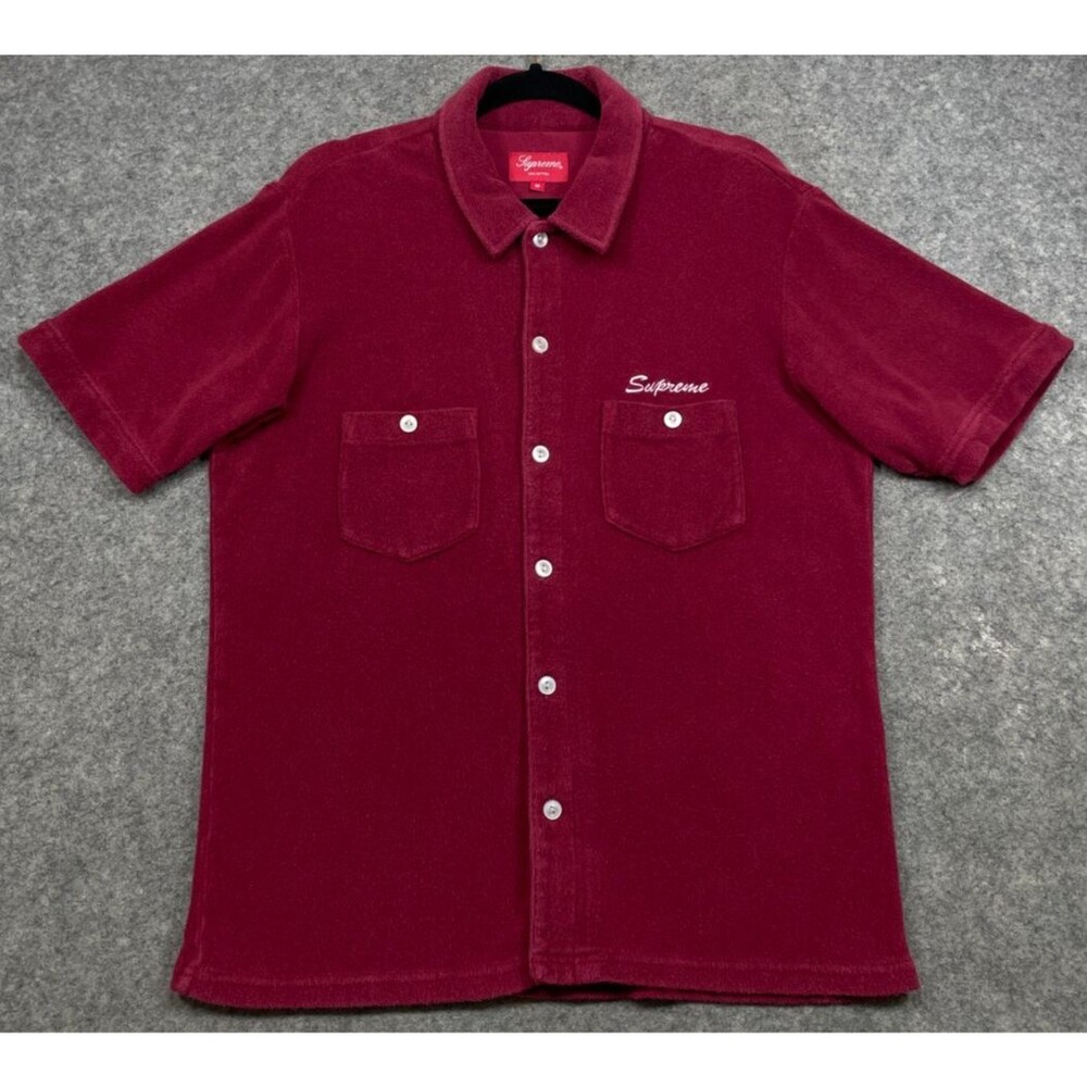 Supreme Terry Cloth Button Up Shirt Mens M Red Short Sleeve Resort Casual
